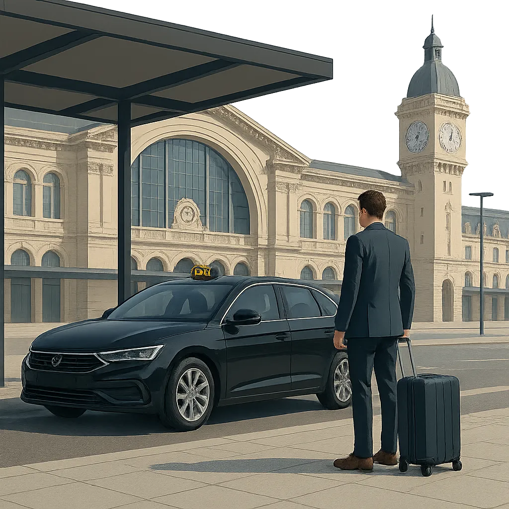 Illustration d’une prise en charge taxi claire et organisée à la sortie de Gare de Lyon. L’image évoque la rapidité, la fiabilité et la sérénité d’un trajet réservé à l’avance.