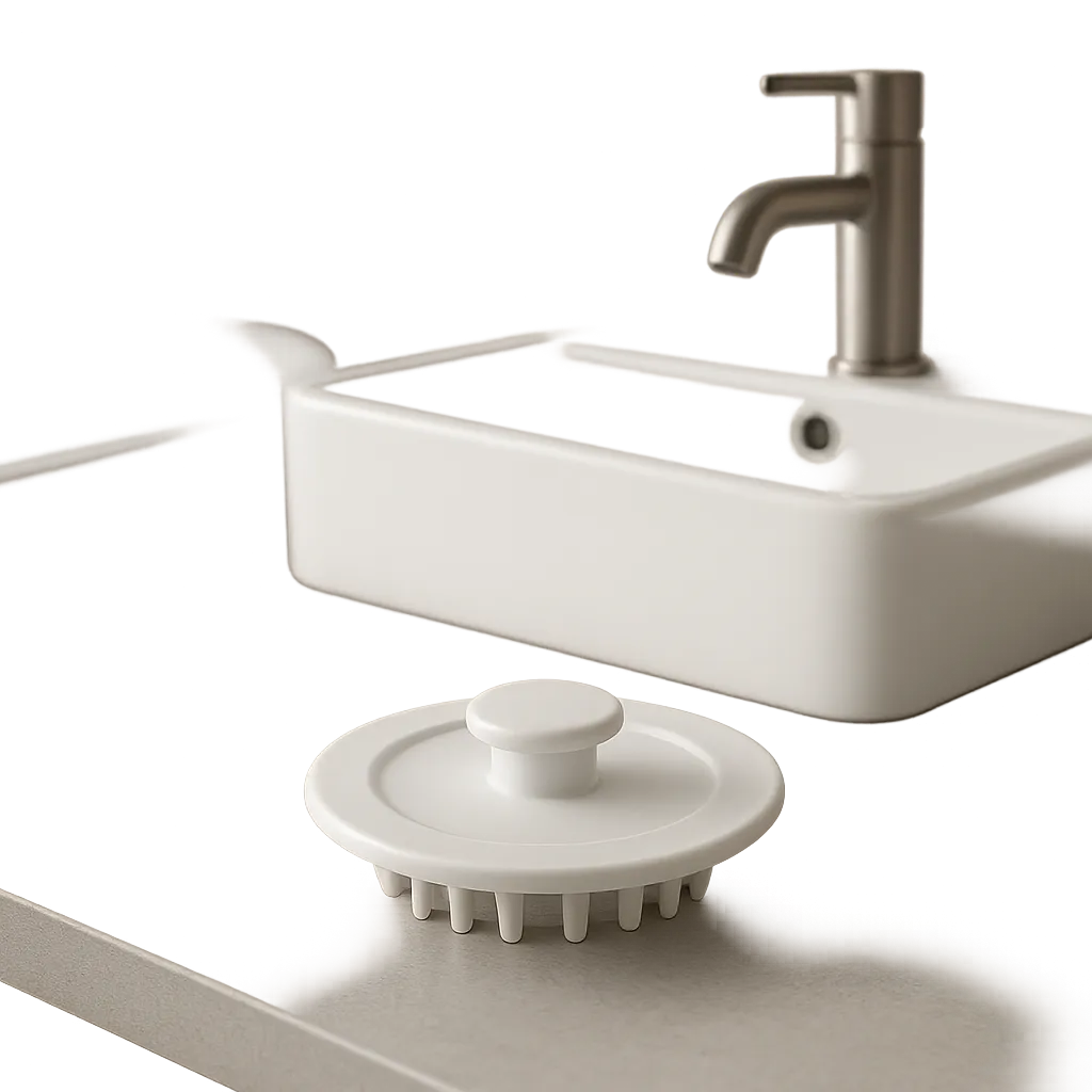 Illustration d’un bouchon en plastique simple et pratique, adapté à la baignoire, au lavabo ou à l’évier. L’image met en avant un usage domestique clair, moderne et économique.