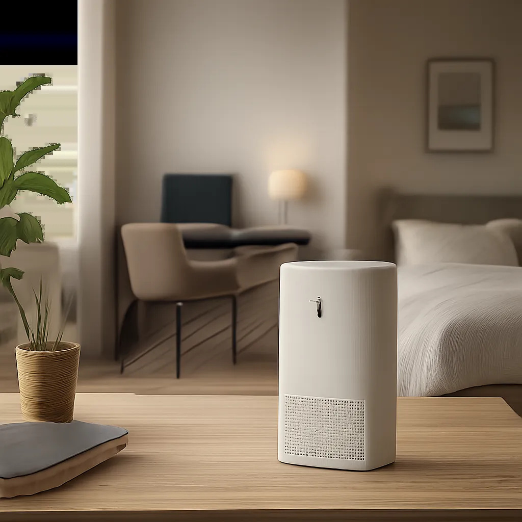 Un capteur de qualité d’air discret et premium présenté dans un intérieur moderne. L’image évoque la lecture rapide de l’air ambiant pour mieux aérer, purifier et ajuster l’environnement.
