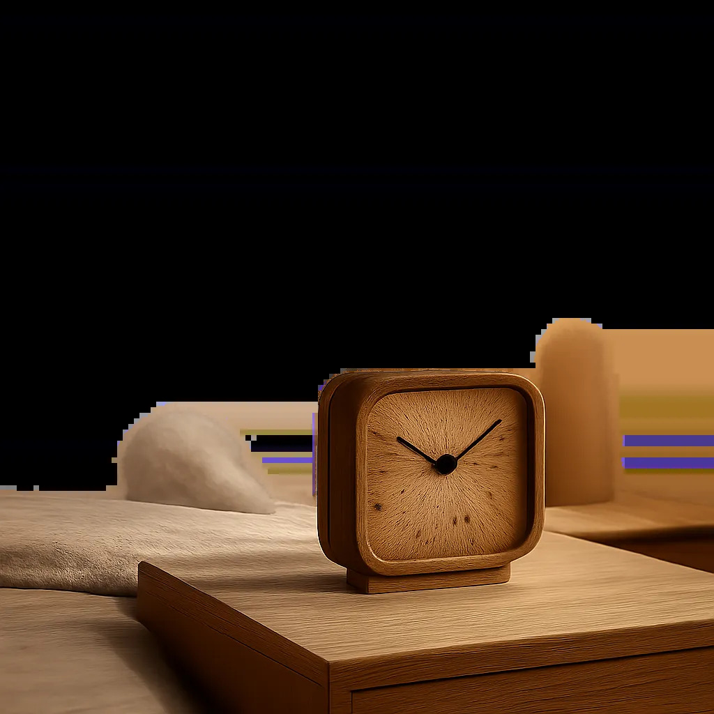 Un réveil en bois posé sur une table de chevet minimaliste dans une chambre douce et contemporaine. L’image met en valeur son aspect chaleureux, discret et premium.