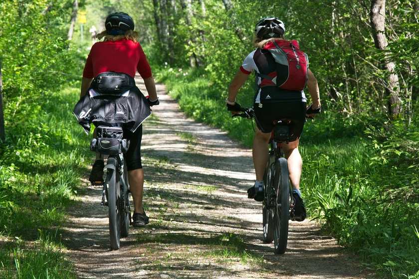 Cyclistes sur un chemin de terre entouré de verdure, en pleine nature