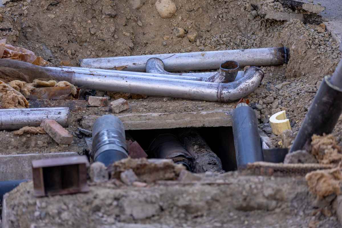 Tuyaux métalliques et terre autour d'un trou de réparation