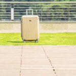 Un suitcase beige posé sur l'herbe à côté d'un trottoir